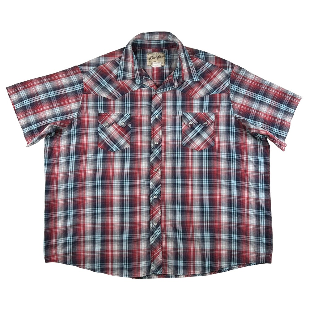Wrangler Shirt Mens 4XL Red Blue Plaid Short Sleeve Western Snap Pockets Casual